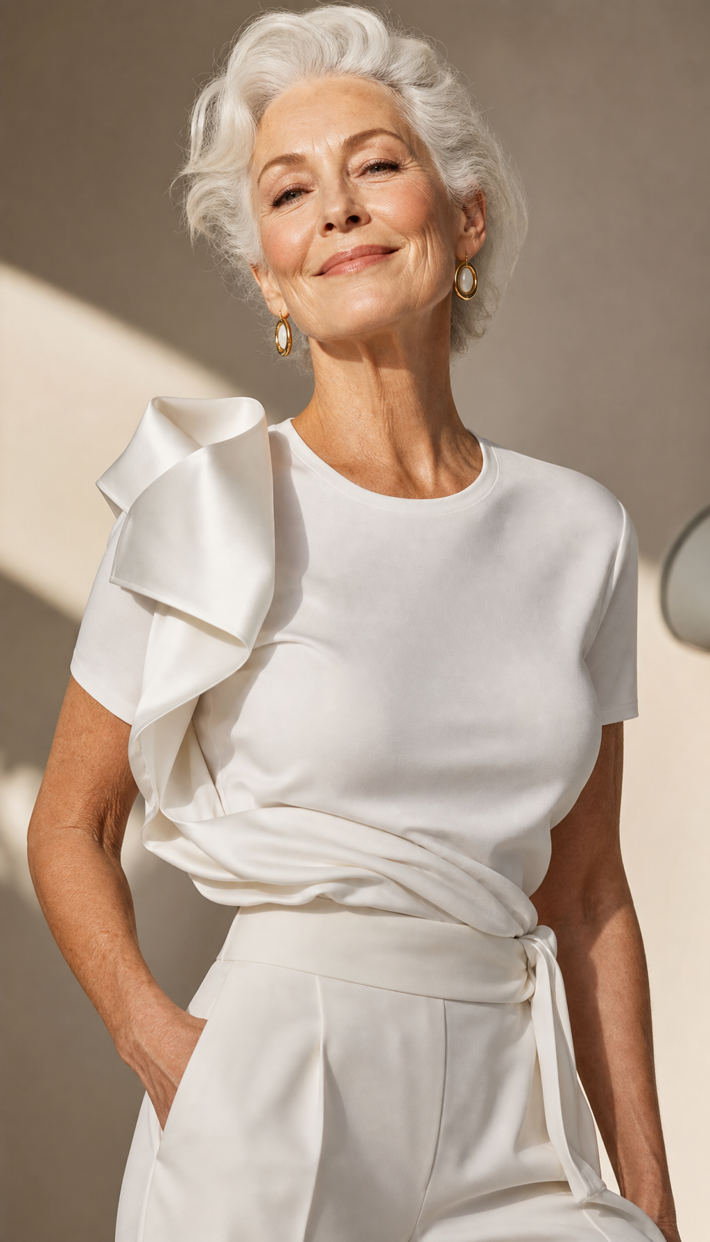 Ultra high fashion grandmother model in a sculptural white T-shirt