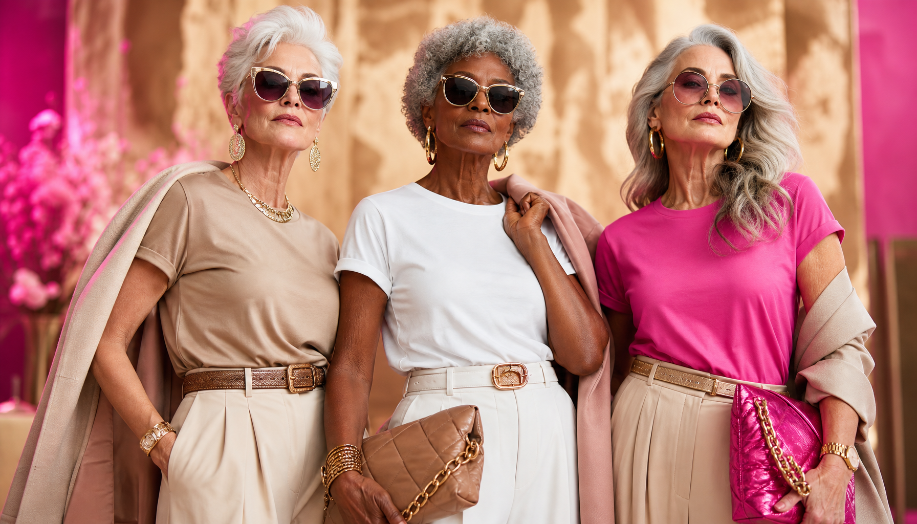 Three stylish grandmothers in premium T-shirts and runway accessories